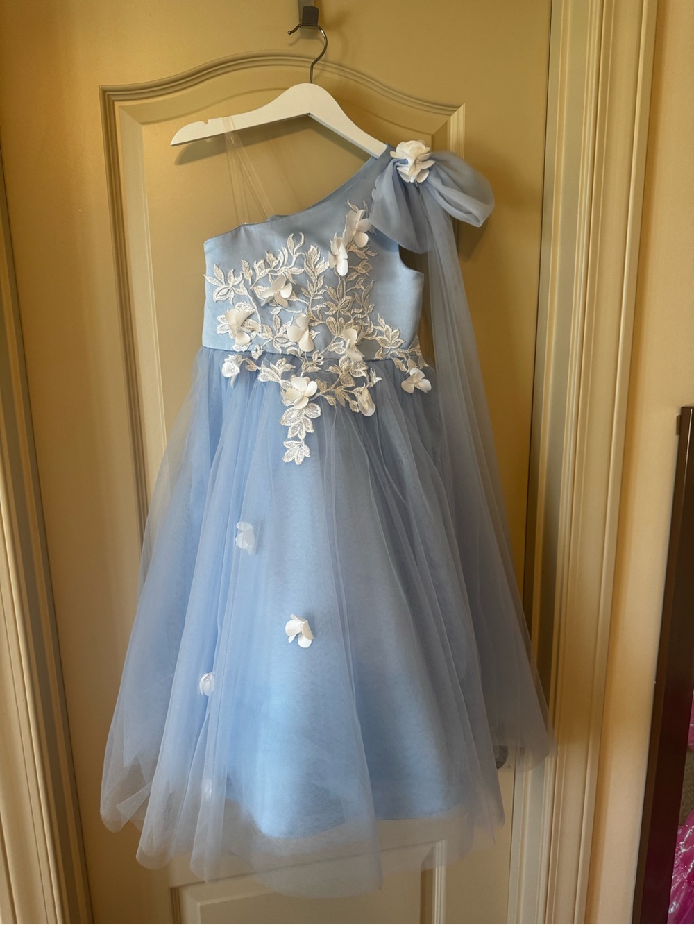 JJs House Polina Light Blue One-Shoulder Floral Tulle Dress for Girls